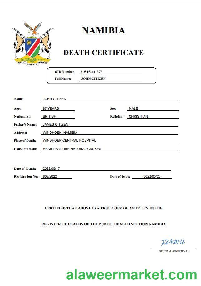 Namibia vital record death certificate Word and PDF template